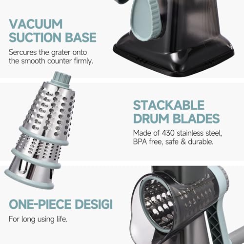 Rotary Cheese Grater with Handle Kitchen Shredder Slicer Grater Slicer Ice Shaver Cheese Vegetable Nuts Potato Zucchini Chocolate 3 Interchangeable Blades (GreyBlue - color: GreyBlue
