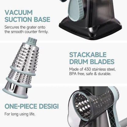 Rotary Cheese Grater with Handle Kitchen Shredder Slicer Grater Slicer Ice Shaver Cheese Vegetable Nuts Potato Zucchini Chocolate 3 Interchangeable Blades (GreyBlue - color: GreyBlue