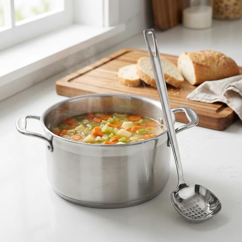 ULTECHNOVO Stainless Steel Soup Ladle 11.37In Slotted Kitchen Cooking Utensil with Non-Slip Handle for Serving Gravy Salad Dressing Pancakes and Chili Sauces