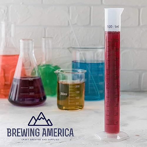 Brewing America 100ml Plastic Graduated Cylinder CASE PACK - 100ml Science Measuring Beaker Test Tube Flask, 2-sided Marking - Black and Raised Graduation Lines, Pour Spout