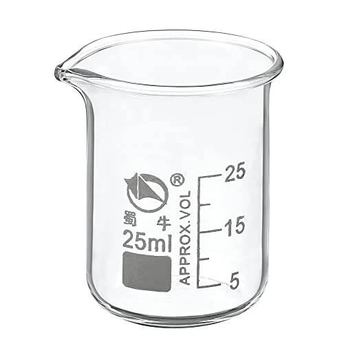 PATIKIL 25ml Low Form Glass Beaker, 3.3 Borosilicate Glass Graduated Printed Scale Measuring Cups with Spout for Kitchen Lab Liquids Transit Boiling - size: 25ml