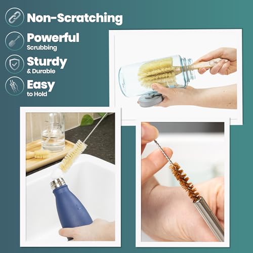 Bottle Brush Set - Ergonomic & Plastic Free Bamboo Bottle Brush, All in One Bottle And Straw Brush Cleaning Set, Sturdy Eco Friendly Water Bottle Cleaner Brush Set, Great Baby Bottle Cleaner Brush Set