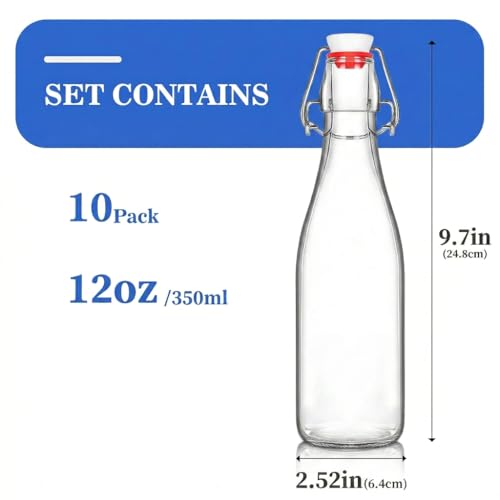 Clear Glass Bottle with Swinging Top for Airtight Lids, Beer Bottles with Flip Caps, Home Brewing and Fermentation Kombucha, Vanilla Extract, Beverage, Water, Kefir (12OZ) - size: 12 Ounces