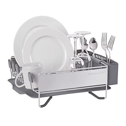 KitchenAid Compact Space Saving, Dish Rack with Removable Flatware Caddy and Angled Self Draining Drainboard, Satin Gray, 15-Inch-by-13.25-Inch - color: Gray, size: Compact
