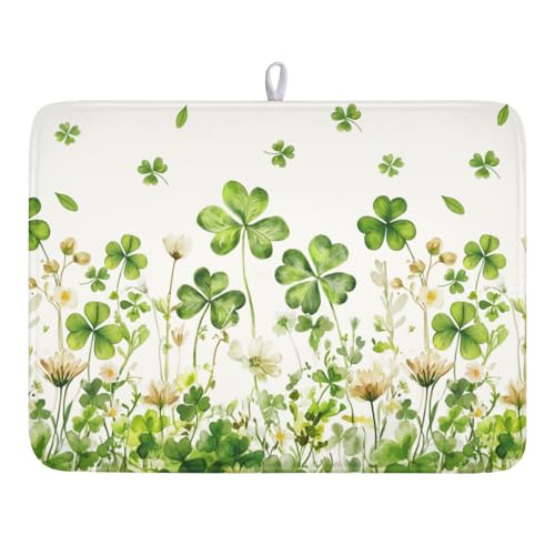 St Patrick's Day Green Clover Dish Drying Mat 18x24 Inch | Shamrock，Polyester，Absorbent Microfiber，for Kitchen Coffee Dining Bar Decor - color: Green, size: 18" x 24"