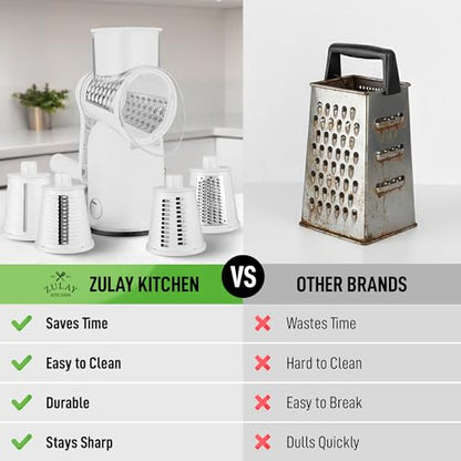 Zulay Kitchen Rotary Cheese Grater 5 Blade Cheese Shredder - Manual Hand Crank Cheese Grater With Reinforced Suction & 5 Interchangeable Drums - Easy to Use, Vegetable Chopper Round Mandoline Slicer - color: Classic | White