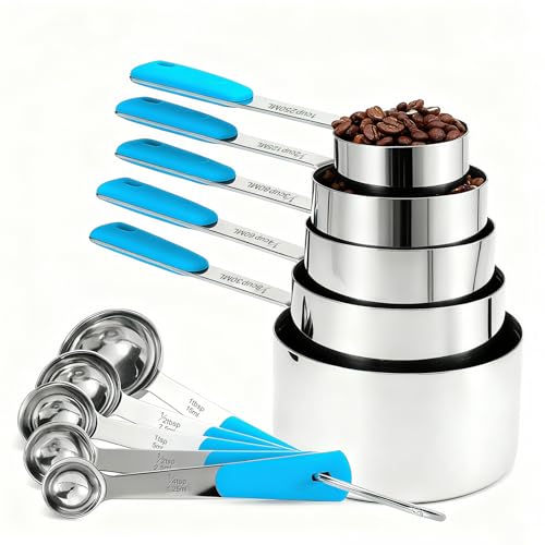 Bopei Measuring Cups and Spoons Set Stainless Steel 10 Piece for Cooking and Baking (5 Cups + 5 Spoons, Light Blue Handle) - color: Light Blue