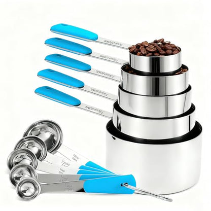 Bopei Measuring Cups and Spoons Set Stainless Steel 10 Piece for Cooking and Baking (5 Cups + 5 Spoons, Light Blue Handle) - color: Light Blue