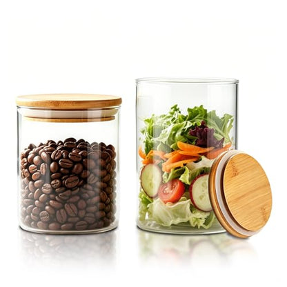 Glass Food Storage Jars with Airtight Lids, Clear Glass Jar with Bamboo Lid, Airtight Food Canister for Tea, Candy, Coffee, Sugar, Cookie, Snack. (Round | 5+6 Inch | 33+17 oz) - color: Round 2 Pack (33+17oz)