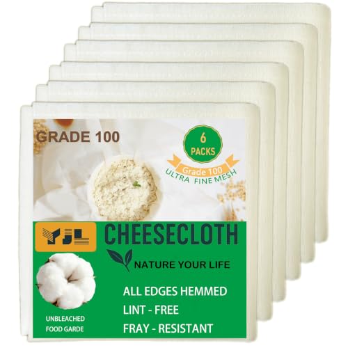 Organic Cheese cloths for Straining Grade 100 Denser Hemmed 20x20Inch 6 PCS | 100% Unbleached Cotton Extra Fine Mesh, Four Stitched Edges No Fraying No Lint, Thicker Yarn Reusable One Layer Cheesecloth