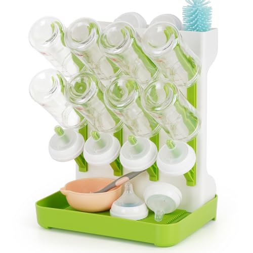 Baby Bottle Drying Rack, Space Saving Baby Bottle Organizer for Countertop, Vertical Bottle Dryer Holder with Brushes Holder, Large Bottle Storage Holder 12 Bottles & Baby Accessories Green - color: Green, size: 1pcs