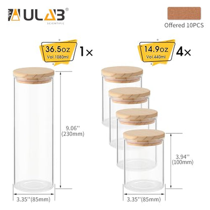 ULAB 3.5mm Thick Glass Food Container Set with Lid, 4PCS of 14.9 OZ, 1 PC of 36.5 OZ Clear Storage Jar, Glass Airtight Canisters set for Cookie, Pasta, Coffee Beans, USJ1004 - color: 14.9oz-4pcs&36.5oz-1pc