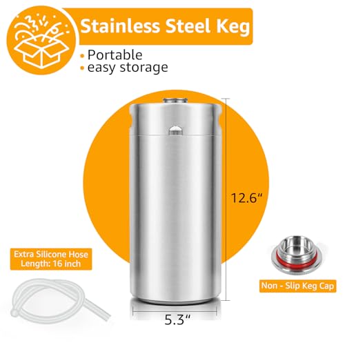 128oz Mini Keg Growler, Stainless Steel Mini Beer Keg, Silver Carbonated Beer Growler Mini Kegerator with Seal Knob Cover & Beer Hose, Portable Beer Keg Growler for Home Brewing