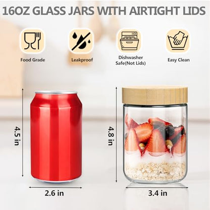 TBWIND 4 Pack 16oz Glass Jars with Bamboo Lids, Spoons, Airtight Overnight Oats Containers, Wide Mouth Mason Jars, Food Storage Container for Yogurt Salad Snacks Spice Sugar Meal Prep – Reusable - color: 16oz-Natural Lids-4 Spoon