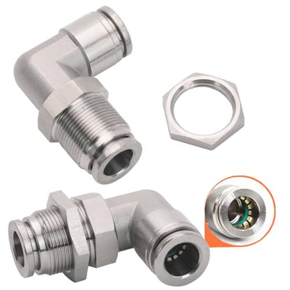 2Pcs 304 Stainless Steel Bulkhead Elbow 3/8" x 3/8" Tube OD Push to Connect Tube Fitting, PLM-3/8 Bulkhead 90 Degree Elbow Pneumatic Quick Connect Air Fitting - size: 3/8" x 3/8"