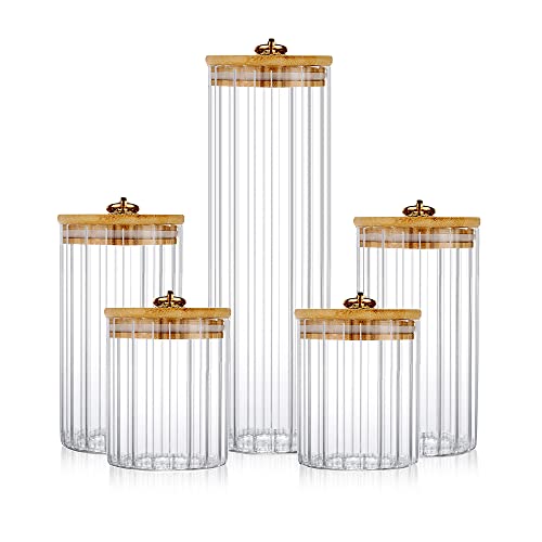 FANTESTICRYAN Glass Storage Jars Set of 5, Decorative Coffee Bar Container with Airtight Bamboo Lid Metal Ring for Home Kitchen Storing Candy, Cookie, Pasta, Nuts, Oatmeal and Bathroom Salt