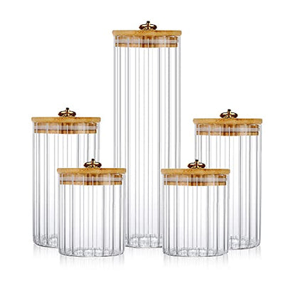 FANTESTICRYAN Glass Storage Jars Set of 5, Decorative Coffee Bar Container with Airtight Bamboo Lid Metal Ring for Home Kitchen Storing Candy, Cookie, Pasta, Nuts, Oatmeal and Bathroom Salt