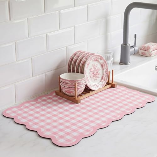Scalloped Gingham Coffee Mat 12" x 20" Absorbent Coffee Bar Mat Gingham Espresso Matt for Counter(Pink) - color: Pink