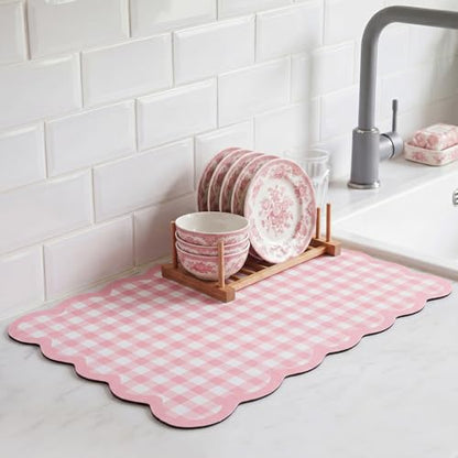 Scalloped Gingham Coffee Mat 12" x 20" Absorbent Coffee Bar Mat Gingham Espresso Matt for Counter(Pink) - color: Pink