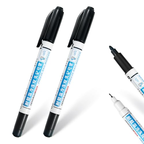 Freezer Bag Markers 2 Pack, Permanent Food Grade Pens with 1.0mm Chisel & 0.5mm Fine Tips for Freezer Labels, Fast Drying Waterproof Smudge Proof Ink Writes on Plastic, Glass, Metal, Foam