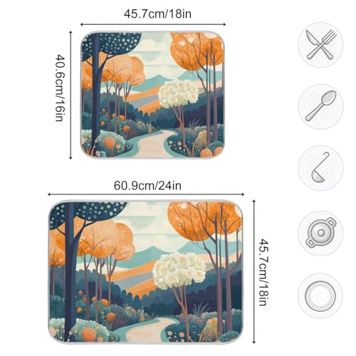 Trees Flower Path Turquoise Dish Drying Mat for Kitchen Counter Super Absorbent Draining Mat with Non-slip Backed Waterproof Sink Mats for Dish Bottles Cups Bowl Sinks Countertops Draining Racks