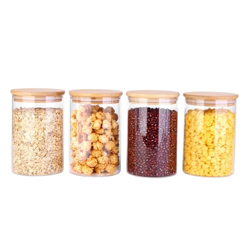 Glass Food Jars with Lids,37oz Glass Storage Containers with Airtight Bamboo Lids,Round Glass Canister Set of 4, Pantry Organizers and Storage for Cookie Flour Oat Pasta Tea Coffee Bean - size: 37oz-Set of 4