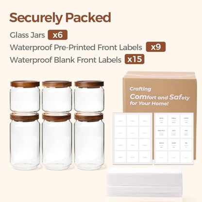 ComSaf 6PCS (1.1Qt/0.5Qt) Glass Pantry Storage Container with Acacia Wood Lid, Airtight Glass Canister with Stacked Design for Orderly Organizing, Glass Jar Organizing Dry Goods in Pantry & Cabinet - size: 1.1Qt*3 / 0.5Qt*3