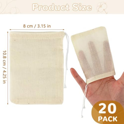 20Pcs Cotton Cooking Spice Bags, 4.25in×3.15in, Soak-Resistant & Boil-Resistant, Strainer Cooking Soups as Spice Bags, Reusable Tea Bags