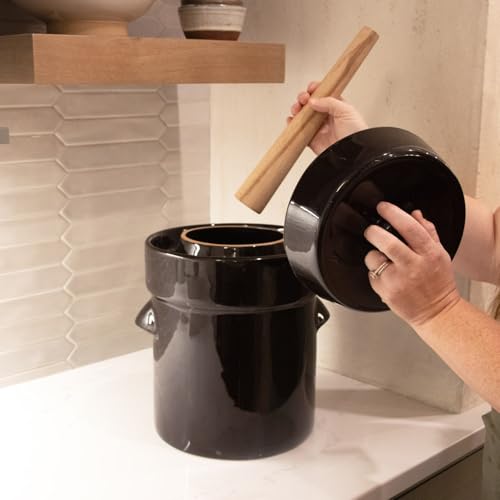 Lehman's European Style Fermentation Crock Set with Wooden Stomper and Fitted Weights, Set to Preserve Sauerkraut Pickles Kimchi and More - size: 2.6 Gallon