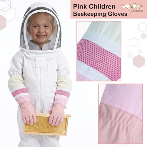Pink Children Beekeeping Gloves Cowhide Leather Ventilated Sting Resistant Kids Bee Gloves Protective Long Sleeve Durable Grip (S) - size: Small