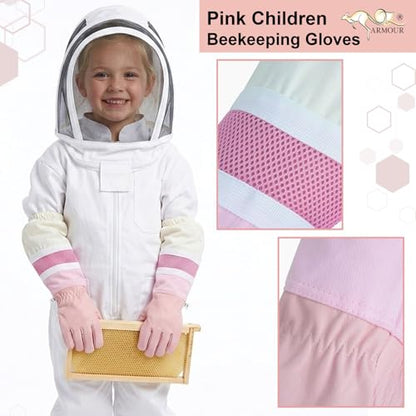 Pink Children Beekeeping Gloves Cowhide Leather Ventilated Sting Resistant Kids Bee Gloves Protective Long Sleeve Durable Grip (S) - size: Small