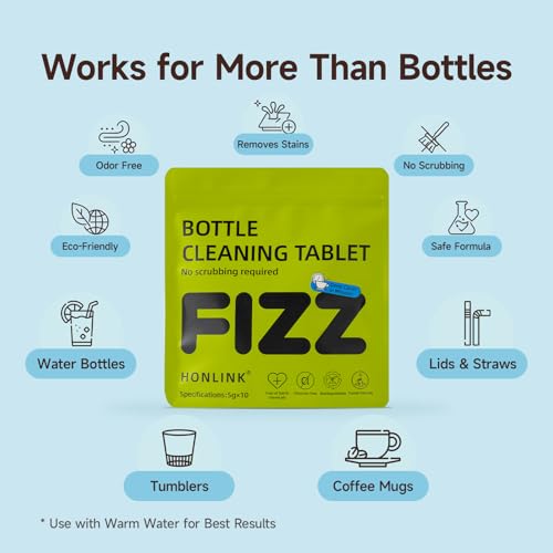 Bottle Cleaning Tablets for Water Bottles, Tumblers & Straws – No Scrubbing Cleaner Tablets Remove Odor & Residue for Insulated Bottles, Protein Shakers, Coffee Cups & Lids, 10 Count