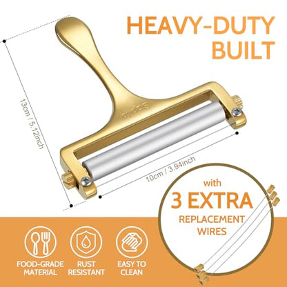 Sopito Cheese Slicer Stainless Steel with 3 Extra Wires Great for Cheddar, Gruyere, Raclette, Mozzarella Cheese Block, Gold - color: Gold