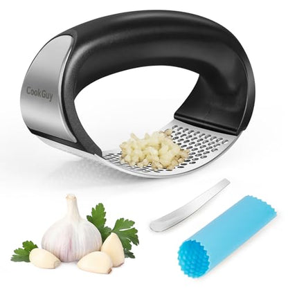 Cook Guy 304 Stainless Steel Garlic Press Rocker Set - Premium Garlic Mincer, Crusher, Peeler and Scraper Tool for Effortless Mincing - Comfortable Grip Garlic Grinder (Silver) - color: Silver-black