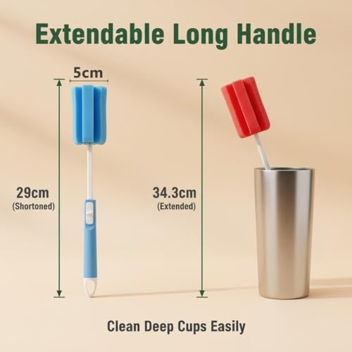 3PCS Adjustable Sponge Cleaning Brush Bottle Cleaning Brush with Plastic Long Handle Cup Cleaner for Coffee Glasses Pot Milk Cup Mugs