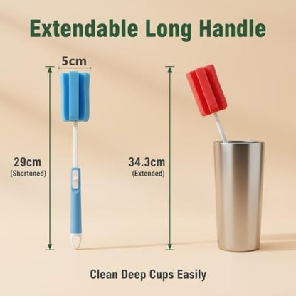 3PCS Adjustable Sponge Cleaning Brush Bottle Cleaning Brush with Plastic Long Handle Cup Cleaner for Coffee Glasses Pot Milk Cup Mugs