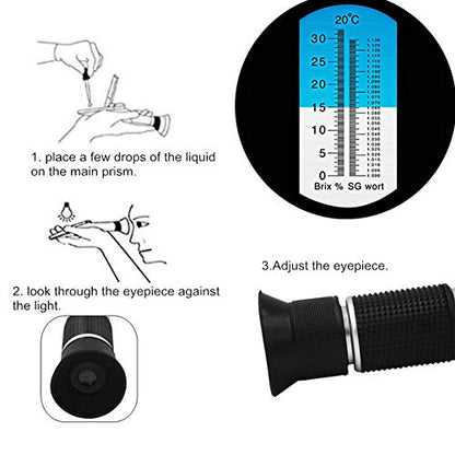 Brix Refractometer with ATC for Beer Wort Wine Fruit Sugar Homebrew Meter Dual Scale Brix 0-32% & Specific Gravity 1.000-1.130 Replace Homebrew Hydrometer