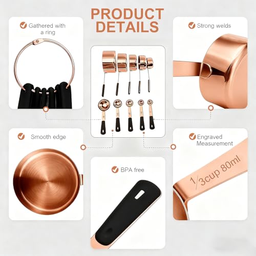 Bopei Measuring Cups and Spoons Set, Rose Gold Plated Stainless Steel 10 Piece for Cooking and Baking (5 Cups + 5 Spoons RoseGold) - color: Rose Gold