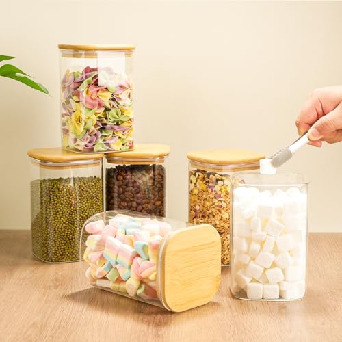6 Pack Glass Pantry Storage Jars - 37oz Airtight Food Storage Containers Set with Bamboo Lid Labels, Square Kitchen Pantry Canister Organizers for Cookies Candy Coffee Bean Sugar Tea Spice Cereal - size: 37oz*6