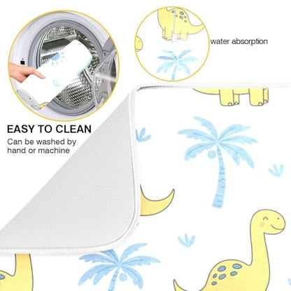Dinosaur Palms Tree Dish Drying Mat for Kitchen Counter Super Absorbent Draining Mat with Non-slip Backed Dishwashing Mat for Dish Bottles Cups Bowl Sinks Countertops Draining Racks