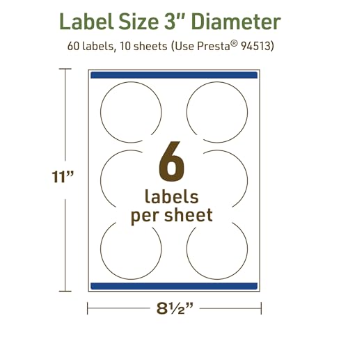 Avery Dissolvable Round Labels, Sure Feed Technology, 3" Diameter, Matte White, Print-to-The-Edge, Laser/Inkjet Printable, 60 Labels Total - style: 60 labels