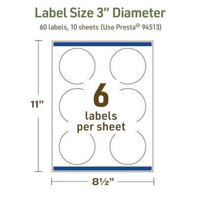 Avery Dissolvable Round Labels, Sure Feed Technology, 3" Diameter, Matte White, Print-to-The-Edge, Laser/Inkjet Printable, 60 Labels Total - style: 60 labels