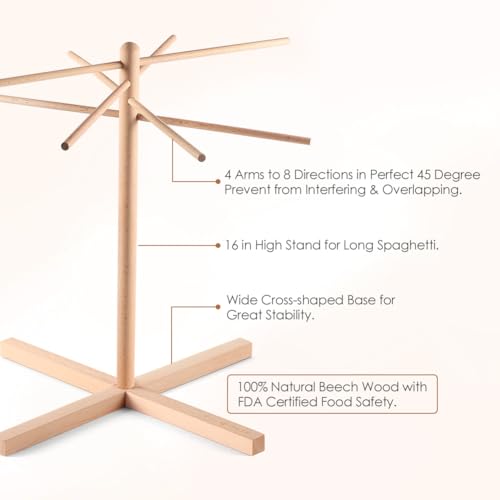 iSiLER Natural Beech Wood Pasta Drying Rack with 8 Branches, Easy to Transfer for Drying Pasta and Spaghetti, Special Suspension Design for Storage | Solid Food-Safe Beech Wood Construction, Quick Assembly & Foldable Space-Saving Design, Easy to Wipe Clea