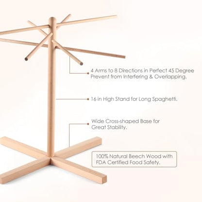 iSiLER Natural Beech Wood Pasta Drying Rack with 8 Branches, Easy to Transfer for Drying Pasta and Spaghetti, Special Suspension Design for Storage | Solid Food-Safe Beech Wood Construction, Quick Assembly & Foldable Space-Saving Design, Easy to Wipe Clea