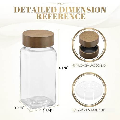 ZEHIQ 12Pcs 4oz Square Glass Spice Jars with Labels and Acacia Wood Lids | Food-Grade Seasoning Containers, Moisture-Proof, Shaker Lids, 268 Labels, Markers, Funnel, Brush, for Cabinet Drawer