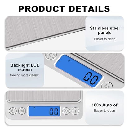 UNIWEIGH Digital Kitchen Scale,3kg/0.1g Pocket Food Scale Measure in Grams and oz for Loss Weight,Cooking Baking,Jewelry,High Precision Gram Scale with 6 Units,Small Coffee Scale with 2 Trays,LCD,Tare - size: 3KG