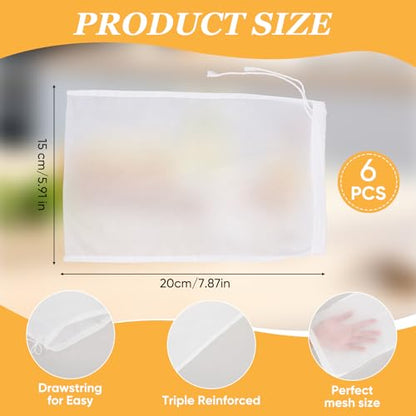 6Pack Nut Bag Strainer 8 x 6 Inch Cheesecloth Bags for Straining Nylon Cheese Cloth Bags Reusable Nut Milk Bag 200 Mesh Fine Mesh Bag for Straining Fruit Juice Cheese Coffee Tofu Yogurt Tea - size: 8 x 6 Inch