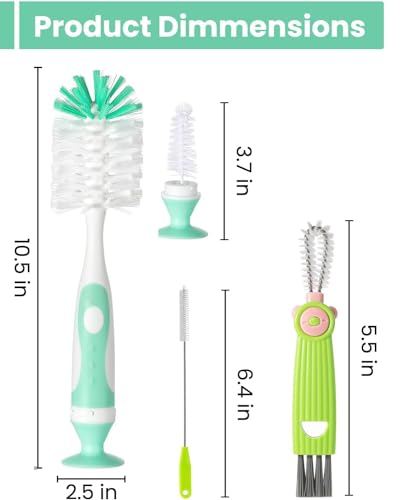 Ariseno 4-in-1 Baby Bottle Brush Set, Bottle Brush Cleaner, Bottle Cleaner Brush Set, Including Nylon Bottle Brush, Bottle Cap Brush, Straw Brush, Nipple Brush, BPA-Free (Green) - color: Green-nylon