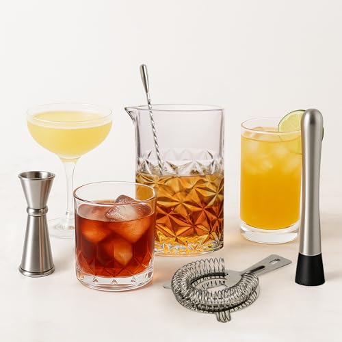 Cocktail Mixing Glass Kit, Bartender Gifts for Men | 24 OZ Crystal Stirring Glass with 304 Stainless Steel Bar Tools – 2 OZ 1 OZ Jigger, Muddler, Strainer, Spoon, Recipe