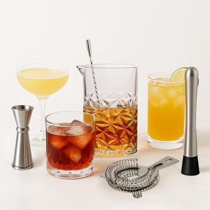Cocktail Mixing Glass Kit, Bartender Gifts for Men | 24 OZ Crystal Stirring Glass with 304 Stainless Steel Bar Tools – 2 OZ 1 OZ Jigger, Muddler, Strainer, Spoon, Recipe